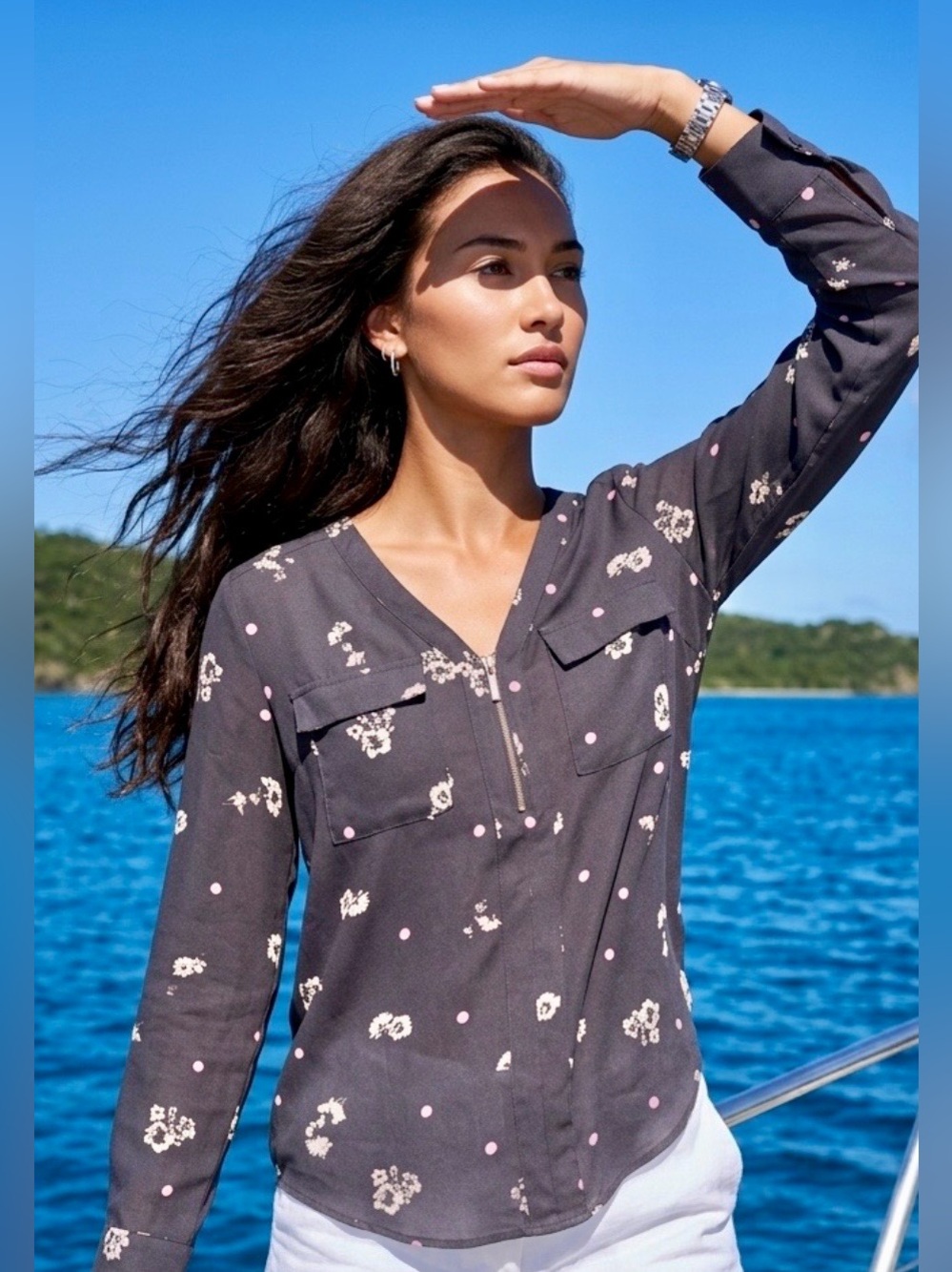 Express Charcoal Floral Blouse w/Pink Dots & White Flowers in S